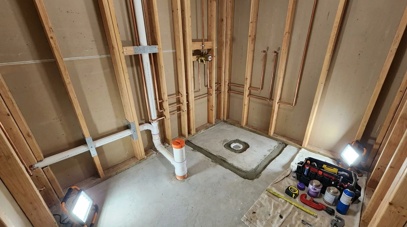 Bathroom rough-in plumbing during remodel by Johns Plumbing LLC in Sabina