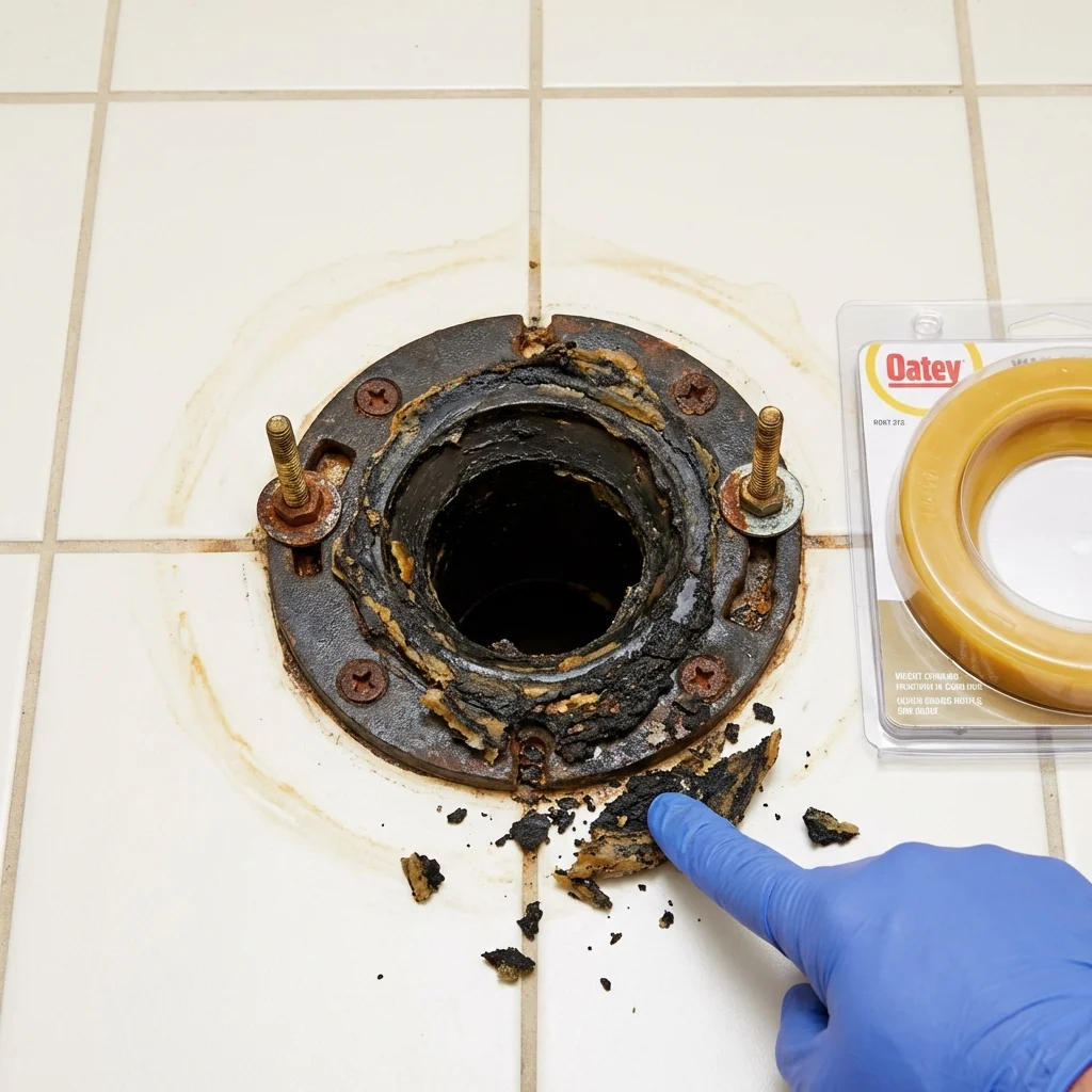Failed wax ring showing water seepage at the base of a toilet in a Sabina, OH home