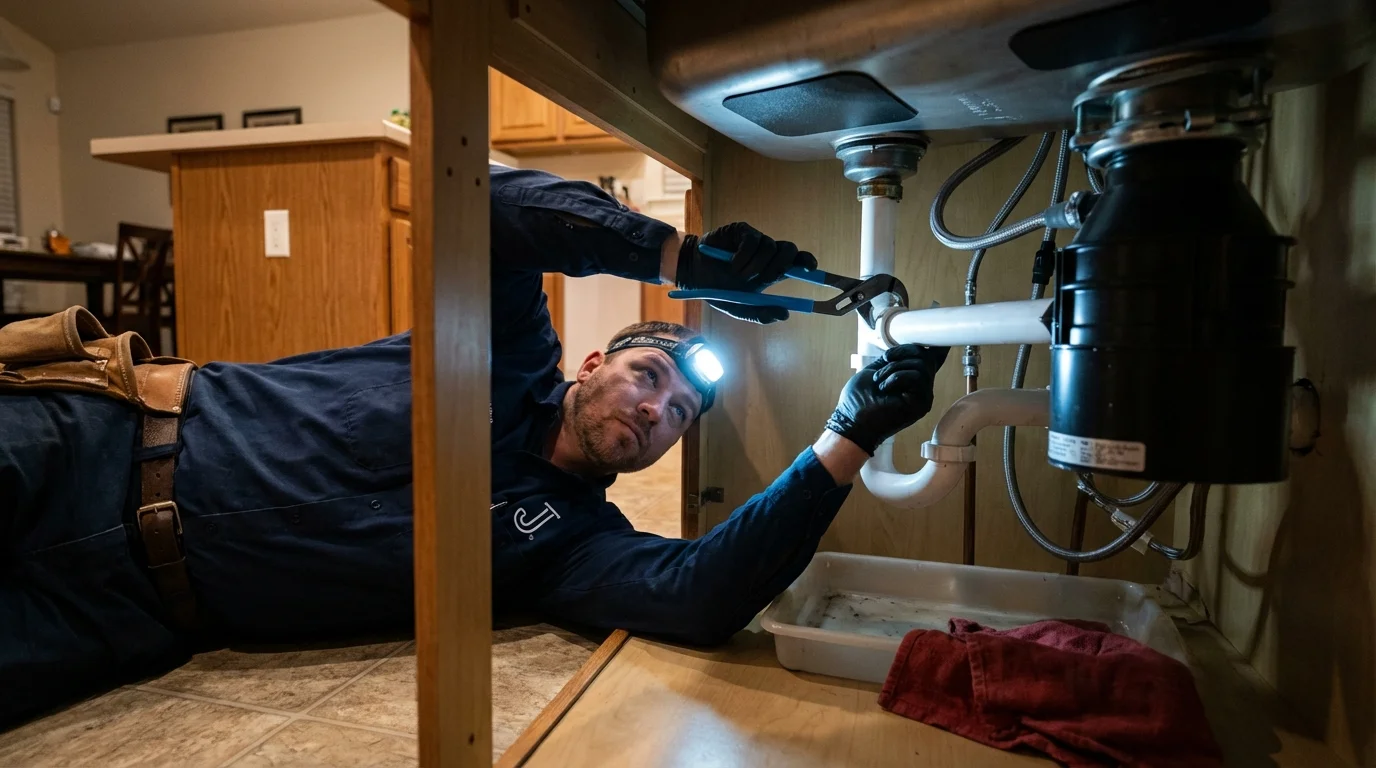 P-trap and supply line connections under a kitchen sink showing a common leak point in Sabina, OH